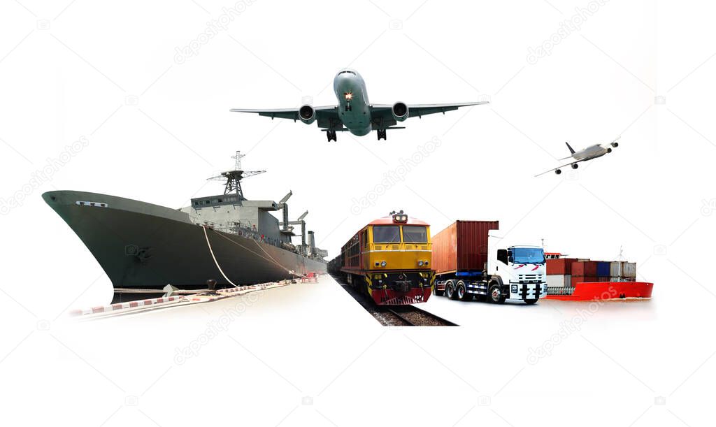 The world logistics , there are world map with logistic network distribution on background and Logistics Industrial Container Cargo freight ship for Concept of fast or instant shipping