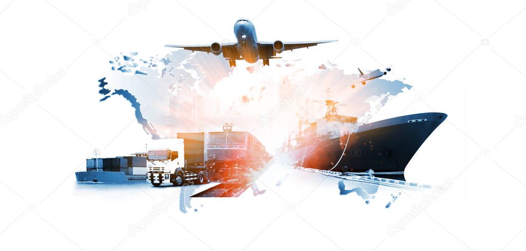 The world logistics , there are world map with logistic network distribution on background and Logistics Industrial Container Cargo freight ship for Concept of fast or instant shipping