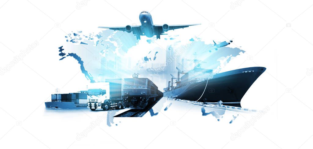 The world logistics , there are world map with logistic network distribution on background and Logistics Industrial Container Cargo freight ship for Concept of fast or instant shipping