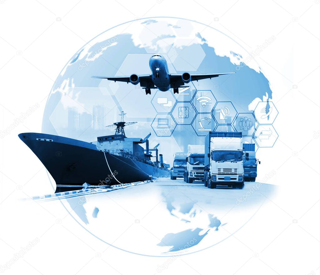 The world logistics , there are world map with logistic network distribution on background and Logistics Industrial Container Cargo freight ship for Concept of fast or instant shipping