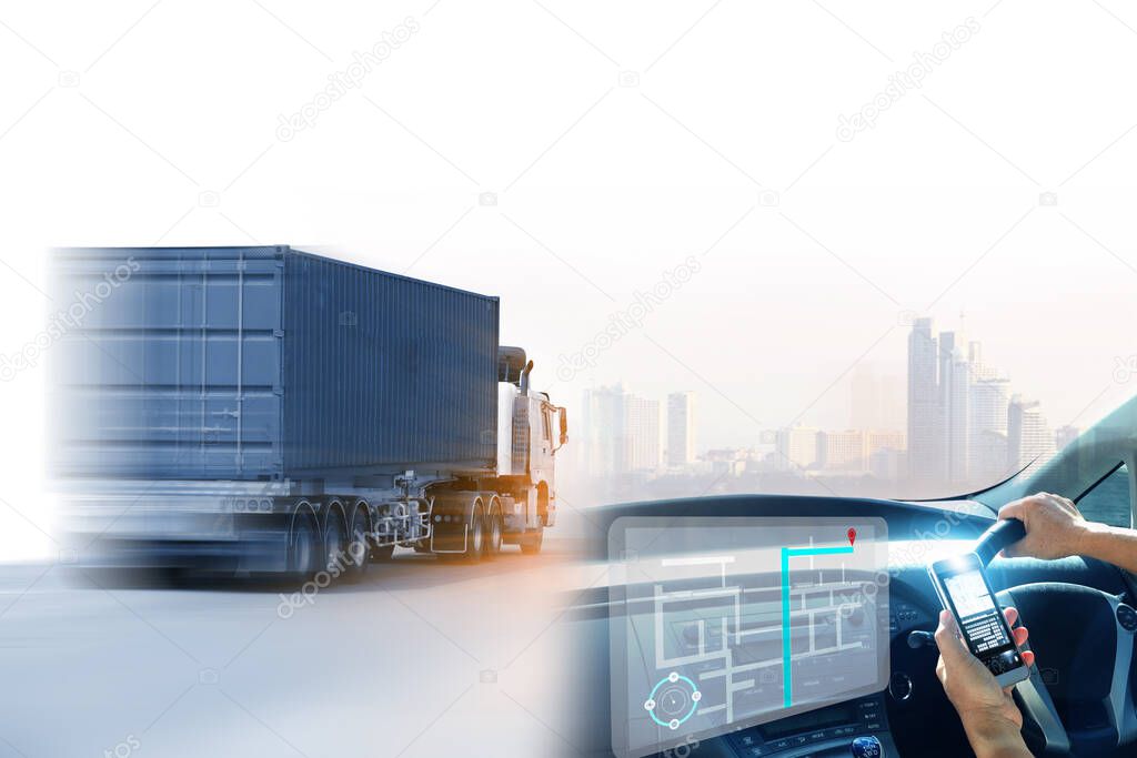 Truck run on road, Drive on road, transportation logistics concept,Businessman hold tablet or mobile phone working control logistics or import export industry