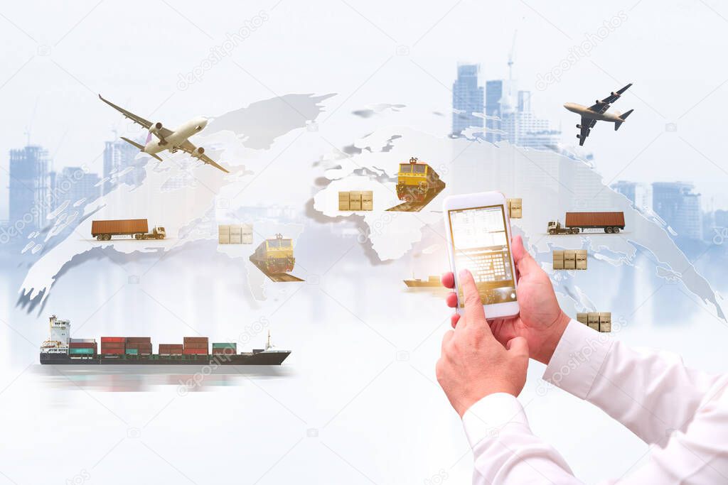 Double exposure of man with world map for logistic network distribution on background and Logistics Industrial Container Cargo freight ship for shipping and Transportation, import-export 