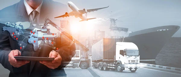 Doppia Esposizione Dell Uomo Con Concetto Trasporto Import Export Logistica — Foto Stock