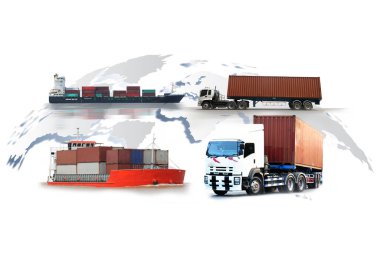 Ulaştırma, ithalat-ihracat ve lojistik kavramı, konteyner kamyonu, limandaki gemi ve nakliye ve ithalat-ihracat ticari lojistik, nakliye sektörü 