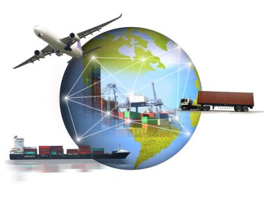 Dünya lojistiğinin soyut görüntüsü, dünya haritası arka planı ve konteyner kamyonu, limanda ve uçakta gemi var.