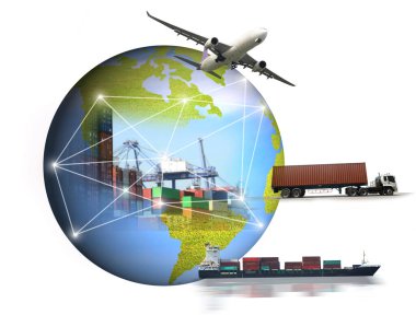 Dünya lojistiğinin soyut görüntüsü, dünya haritası arka planı ve konteyner kamyonu, limanda ve uçakta gemi var.