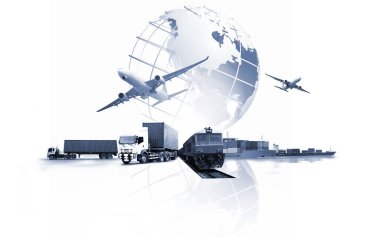 Dünya lojistiğinin soyut görüntüsü, dünya haritası arka planı ve konteyner kamyonu, limanda ve uçakta gemi var.
