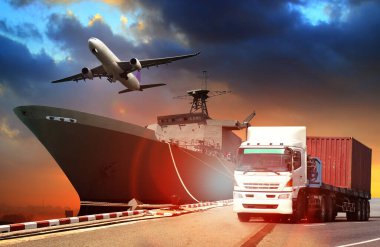 Lojistiğin soyut görüntüsü, konteynır kamyonu, limanda ve uçakta.