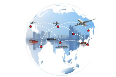 Küresel ulaşım lojistiği ya da ihracat işi kavramı ya da seyahat kavramı. Uçak uçuyor ve dünya haritasında beyaz bir çizgi çiziyor.