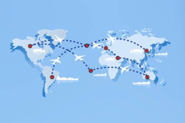 Küresel ulaşım lojistiği ya da ihracat işi kavramı ya da seyahat kavramı. Uçak uçuyor ve dünya haritasında beyaz bir çizgi çiziyor.