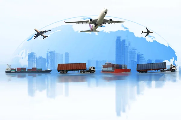 Shipping, delivery car, ship, plane transport on a background map of the world. Fast delivery concept. Delivery Global business of Container Cargo freight train for logistic import export, Business logistics concept ,  Air cargo trucking , rail trans