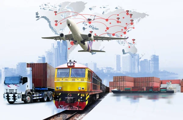 Global business connection technology interface global partner connection of Container Cargo freight train for logistic import export, Business logistics concept , internet of things, Air cargo trucking , rail transportation , maritime shipping , On-