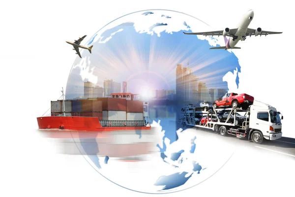 Global business of  import export, Business logistics concept , The trailer transports cars on highway with big city background , maritime shipping , On-time delivery