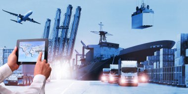 Dünya lojistik geçmişi veya ulaşım sektörü veya nakliye sektörü, konteyner sevkiyatı, kamyon teslimatı, uçak, ithalat ihracat kavramı