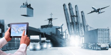 Dünya lojistik geçmişi veya ulaşım sektörü veya nakliye sektörü, konteyner sevkiyatı, kamyon teslimatı, uçak, ithalat ihracat kavramı