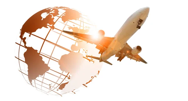 Wit Vliegtuig Wereldkaart Vliegtuig Vliegen Rond Planeet Aarde — Stockfoto