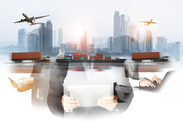 Мировой логистический фон или транспортировка Промышленность или судоходство, Контейнерные перевозки грузов, доставка грузовых автомобилей, самолеты, импортный экспорт Концепция