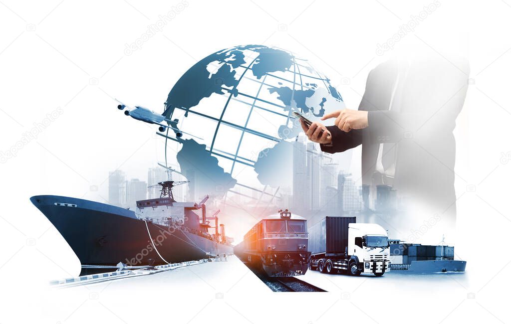 Double exposure of businessman work  industry and safety concept container truck ,ship in port and freight cargo plane in transport and import-export commercial logistic ,shipping business industry 