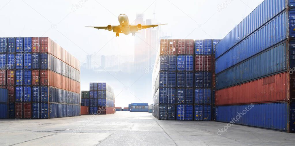 Double exposure of work area  industry and safety concept container truck ,ship in port and freight cargo plane in transport and import-export commercial logistic ,shipping business industry 