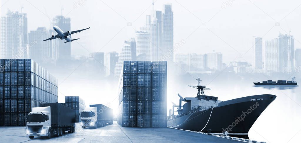 Double exposure of work area  industry and safety concept container truck ,ship in port and freight cargo plane in transport and import-export commercial logistic ,shipping business industry 