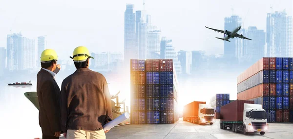 Doppelbelastung Der Teamwork Industrie Von Containerschiffen Schiffen Hafen Und Frachtflugzeugen — Stockfoto