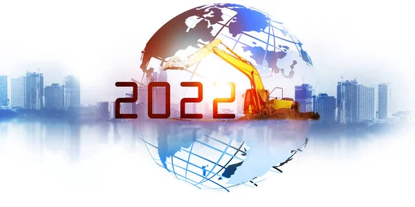 2022年的科技与世界和机器 筹备2022年新年派对及更换新业务的建筑用起重机 — 图库照片
