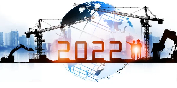 Technológia 2022 Világ Gép Építési Daru Előkészítése Üdvözlő 2022 Újév — Stock Fotó