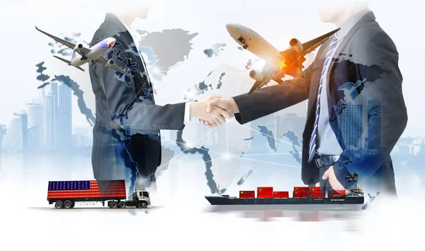 Businessman shake hands, China-USA trade war , The world logistics , logistic network  background  Industrial Container Cargo freight ship , Transportation,logistics,world business