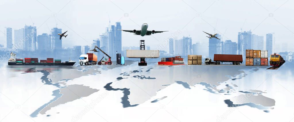 The world logistics , there are world map with logistic network distribution on background and Logistics Industrial Container Cargo freight ship for Concept of fast or instant shipping