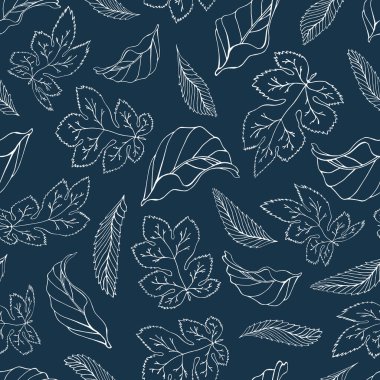 Mavi arka planda beyaz yaprak çizgileri. Akçaağaç yaprakları, ıhlamur, huş ağacı, söğüt ağacı. Tasarımın için, kumaş, duvar kağıdı, vs..