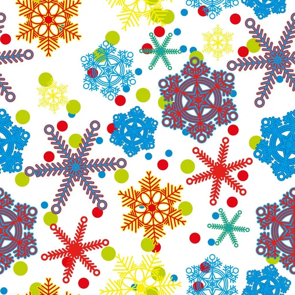 明亮的五彩斑斓的抽象雪花和白色背景上的彩霞 新年或圣诞节背景 无缝线矢量图 — 图库矢量图片