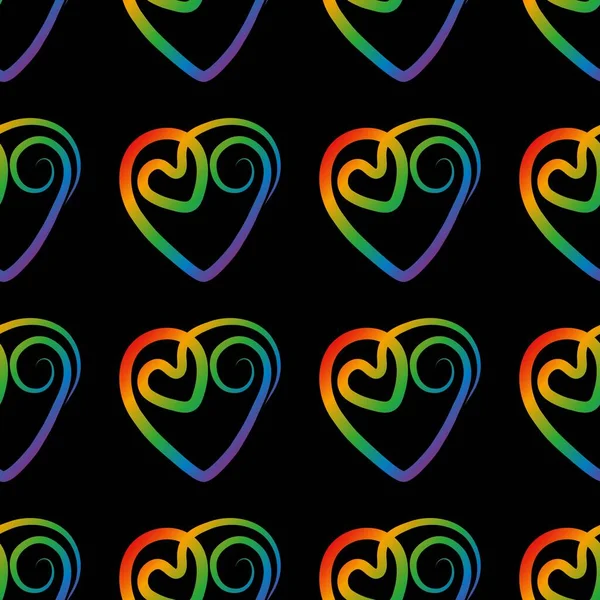 Hippie Στυλ Μοτίβο Του Ουράνιου Τόξου Καρδιές Μαύρο Φόντο Φωτεινά — Διανυσματικό Αρχείο