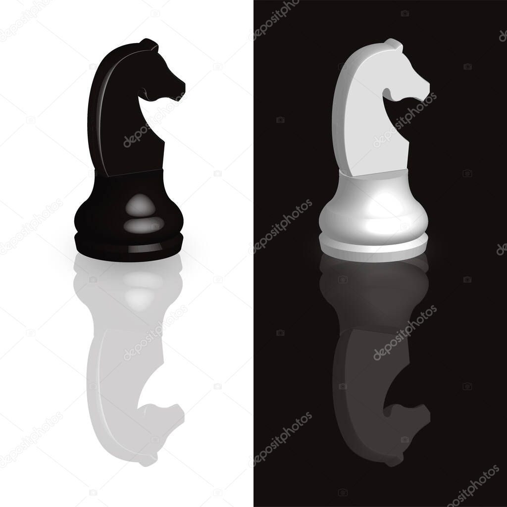 Black and white 3d knight chess pieces with a mirror reflection of the figures on the surface.Realistic 3d chess pieces for a board game.