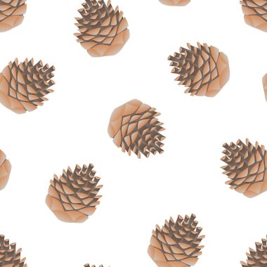 Kusursuz bir arka plan ve kozalaklar. Ambalaj, duvar kağıdı veya kumaş için beyaz bir zemin üzerinde kahverengi koni ile orman arkaplanı.