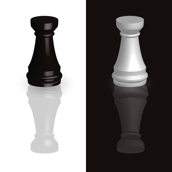 Chess piece rook 3d black and white isolated on black-white background. Chess is a strategic board game.