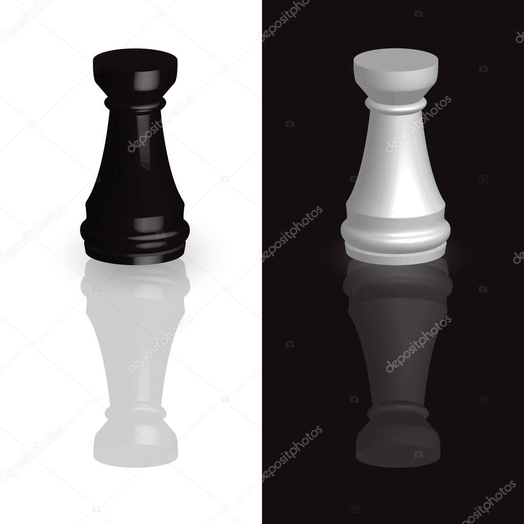 Chess piece rook 3d black and white isolated on black-white background. Chess is a strategic board game.