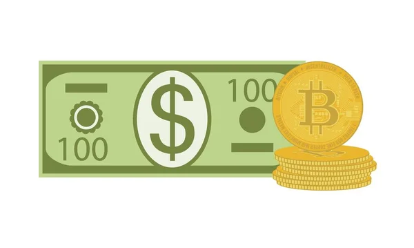 Dólar e bitcoins isolados em branco — Vetor de Stock