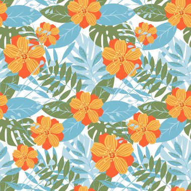 Turuncu çiçekli tropikal yapraklar ve bitkiler