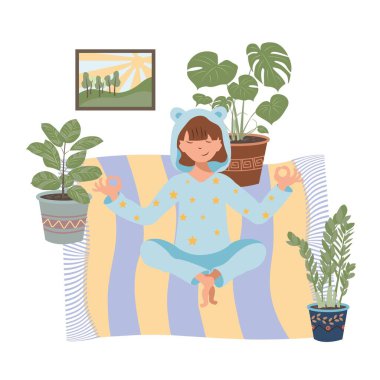 Evde yoga yapan karikatür çizimleri