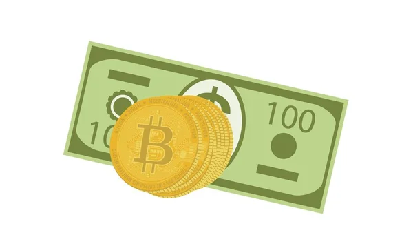 Nota de 100 dólares americanos e uma pilha de bitcoin virtual — Vetor de Stock