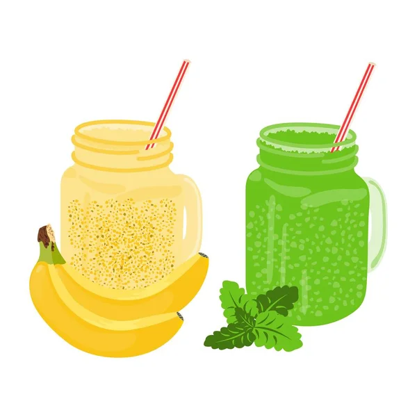 Banane et vert avec smoothies à la menthe dans un verre — Image vectorielle