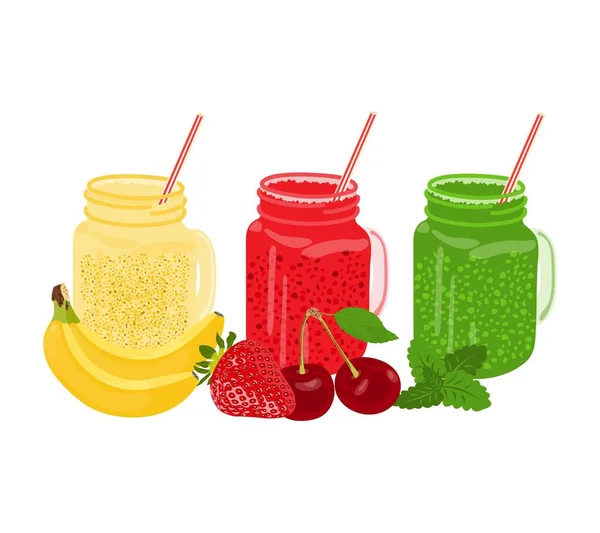 Set of summer fruit drinks in glass jars — Stock Vector