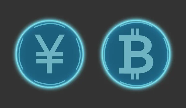 Yuan chino y bitcoin en azul sobre gris — Vector de stock