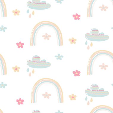 pattern with cartoon rainbow, cloud and flowers 