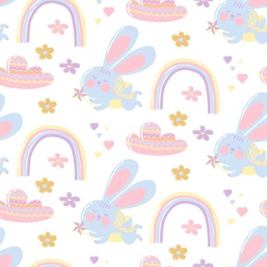 bright pattern with cute cartoon rabbit