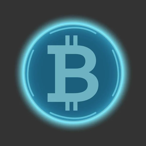 Azul brillante botón bitcoin sobre un fondo oscuro — Vector de stock
