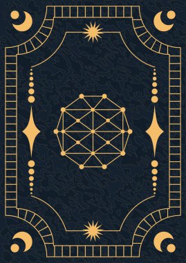 Kutsal geometri, göksel ay ve koyu mavi arka planda yıldız elementleri. Altın geometrik desenli mistik ezoterik tarot kartı şablonu 