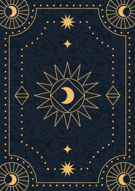 Mistik güneş ve ay göksel tasarımı koyu mavi arka planda altın geometrik desenli. Yıldızlı özel astroloji tarot kartı şablonu 