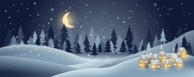 Geceleri ay, yıldızlar, karla kaplı çam ağaçları ve soğuk, tenha bir ormanda ahşap bir kulübe olan büyülü kış manzarası. Düzenlenebilir vektör illüstrasyonu.