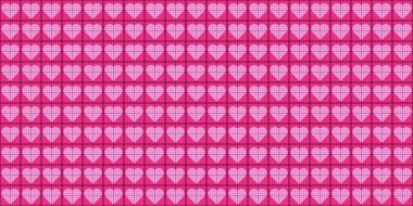 Şebeke karelerinin içinde açık pembe kalpler olan kusursuz pembe milimetre grafikli kağıt deseni. Plancılar ya da tasarımcılar için arka plan. Düzenlenebilir vektör illüstrasyonu.